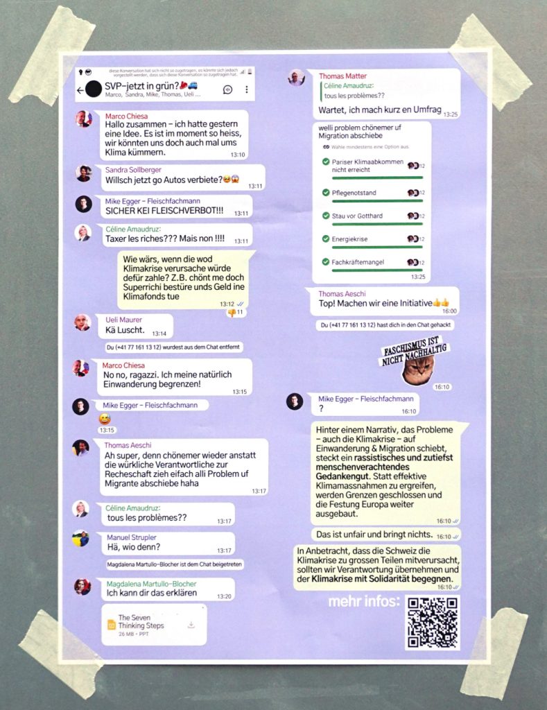 Plakat, das den Austausch in einem WhatsApp-Chat humoristisch darstellt. Die Unterhaltung zeigt den Austausch inter diversen SVP-Politiker*innen, die sich darüber unterhalten, dass auch die SVP nun nachhaltig werden muss. Alles auf sog. «Ausländer» abschieben ist dann die Konklusion